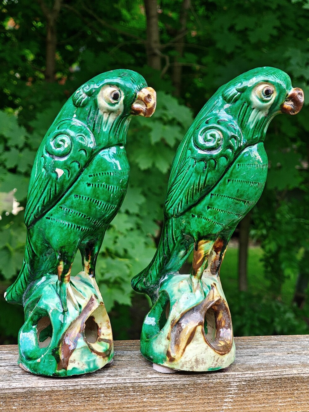 Antique late Qing Dynasty Chinese Sancai Glazed Pottery Parrot Figurines Pair